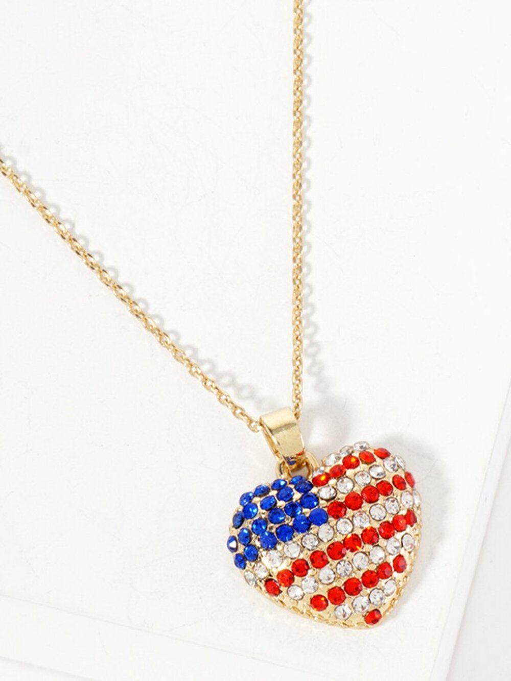 Crystal Rhinestone Sparkle American USA Flag Heart Pendant Necklace NEW